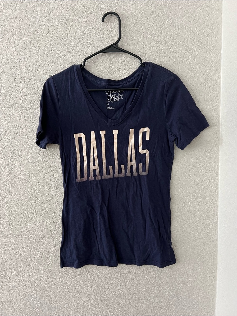 Cowboys Herstyle Navy V-Neck Tee with Metallic Dallas Graphic